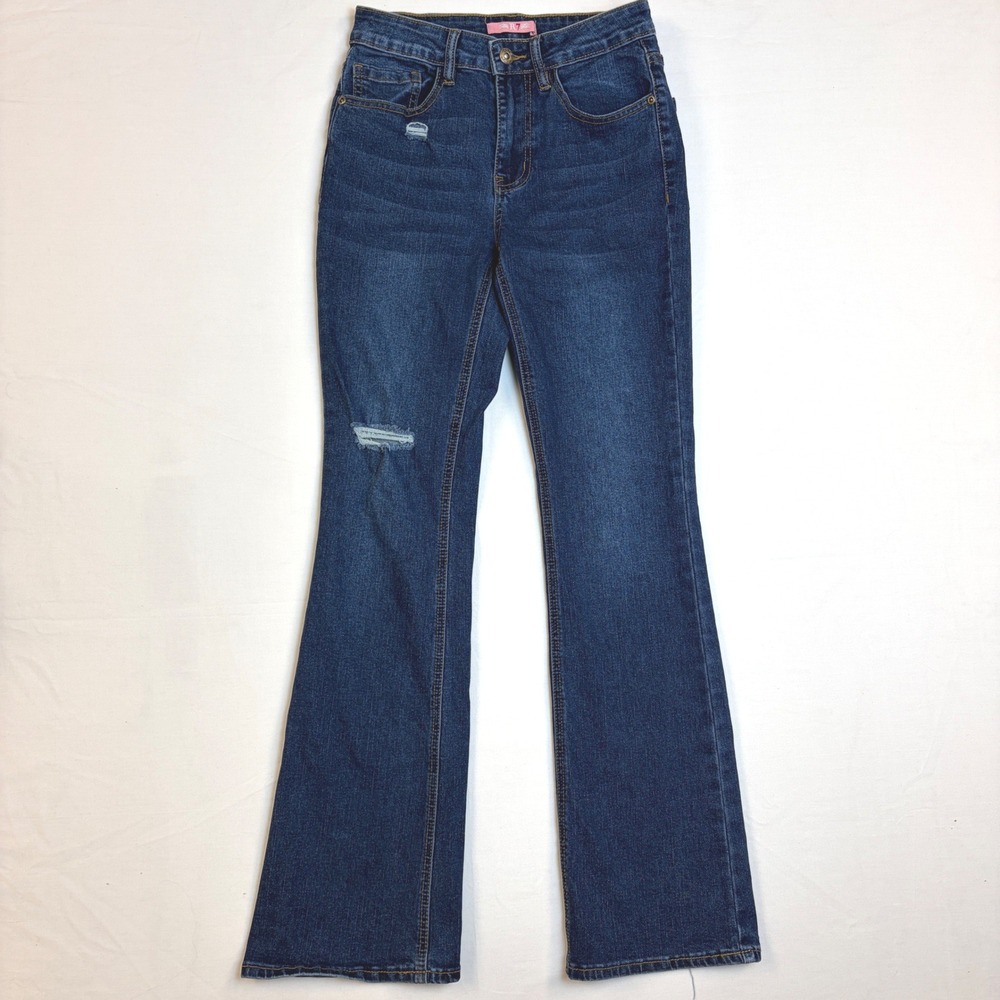 R7 Womens Dark Wash Distressed Flare Jeans High Rise Bootcut Denim 1/25 Western